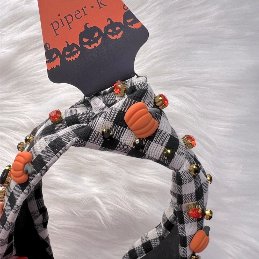 Piper K Checkered Gingham Pumpkin & Rhinestone Headband - NWT - Picture 5 of 6